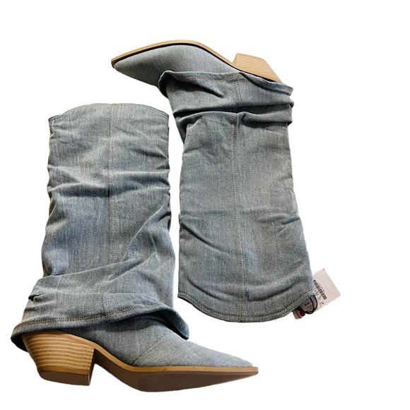 Bershka Denim Pointed Toe Layered Western Boots Size 41 NWT Blue - Picture 2 of 7